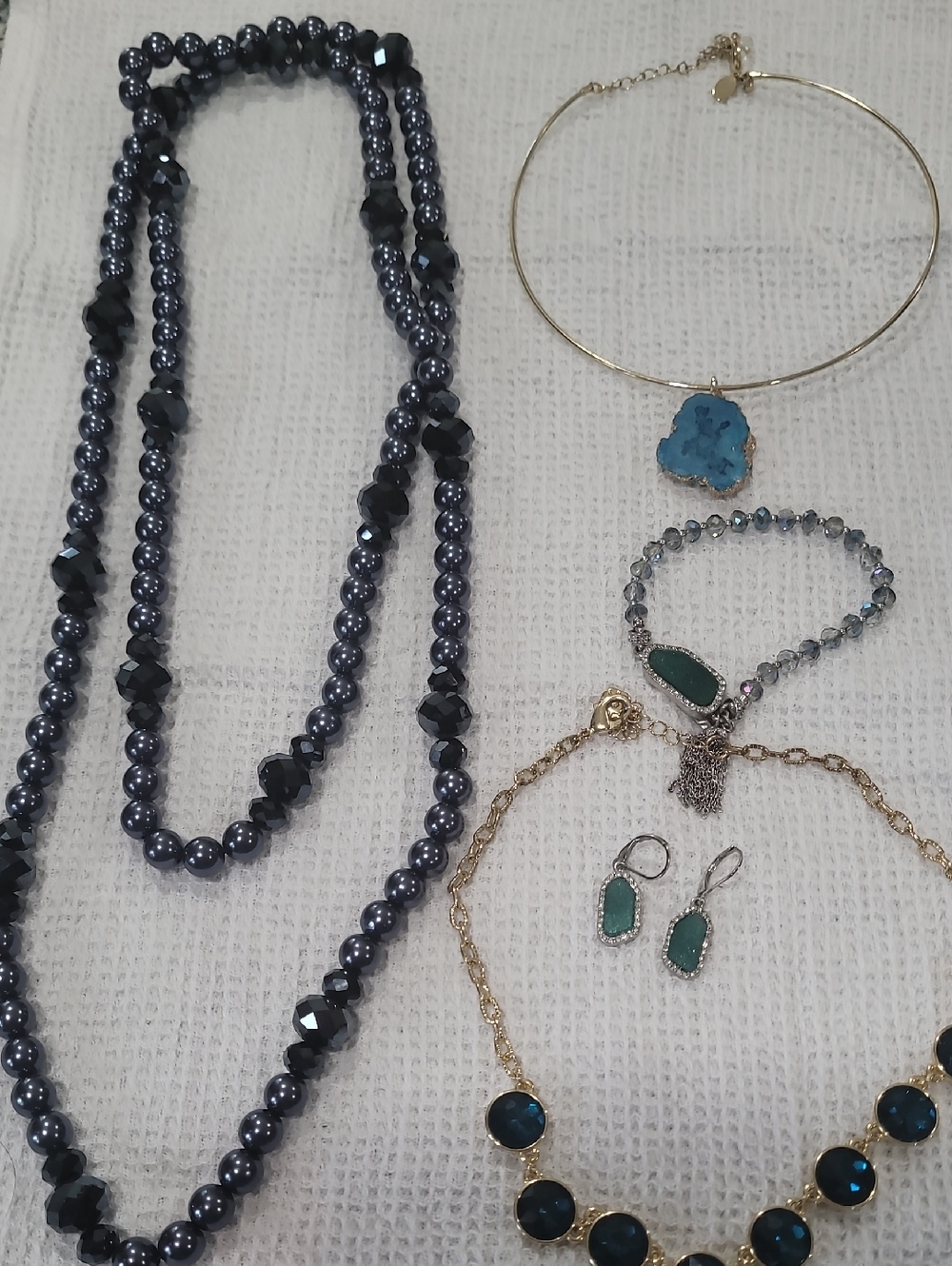 Blue Pearl & Faceted Bead Long Necklace with Gold Accent Jewelry Set